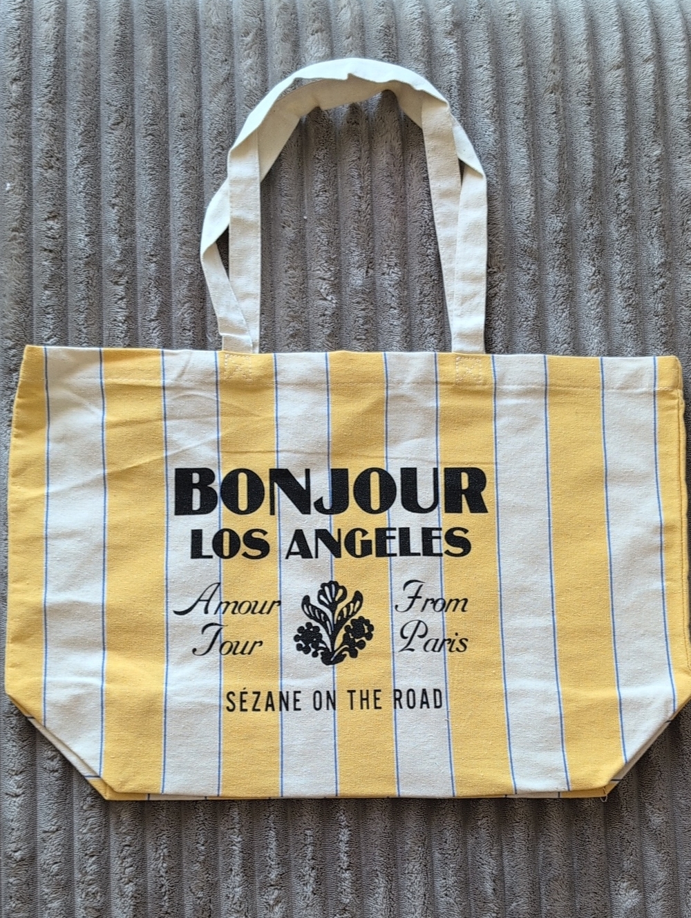 New Sézane "Bonjour Los Angeles" Yellow & White Striped Canvas Tote
